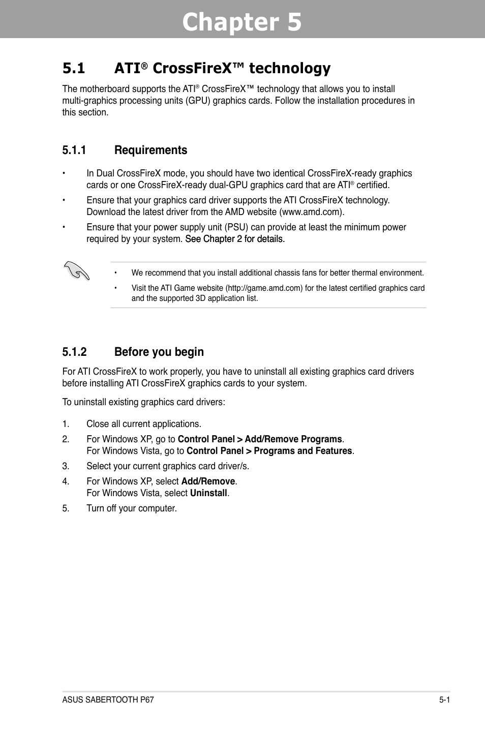 Chapter 5, 1 ati, Crossfirex™ technology | 1 requirements, 2 before you begin | Asus Sabertooth P67 User Manual | Page 111 / 120