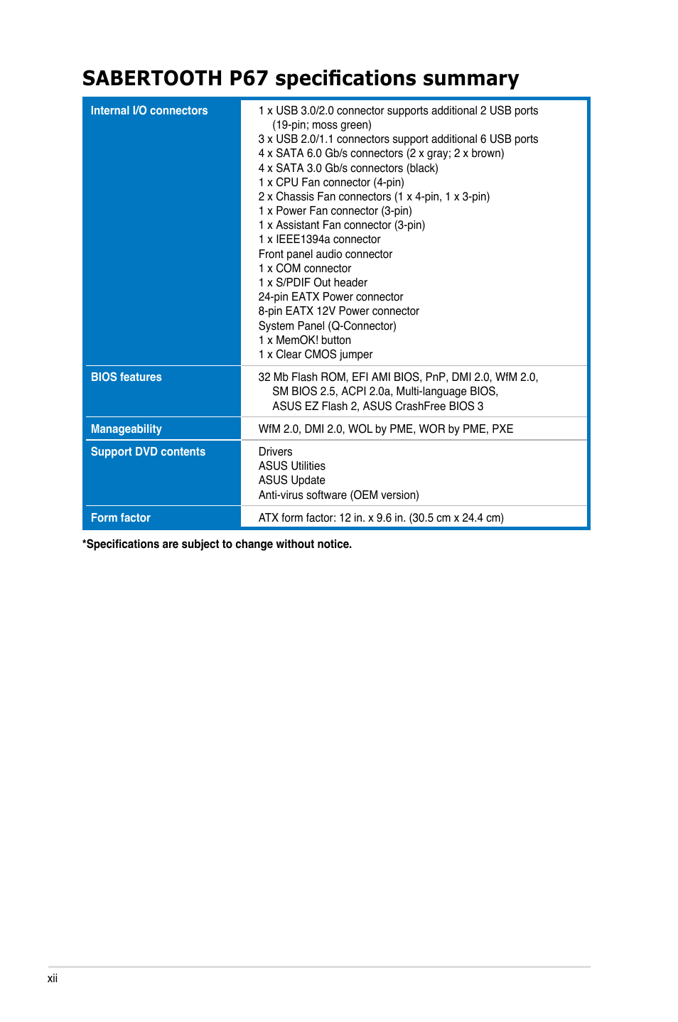 Sabertooth p67 specifications summary | Asus Sabertooth P67 User Manual | Page 12 / 120