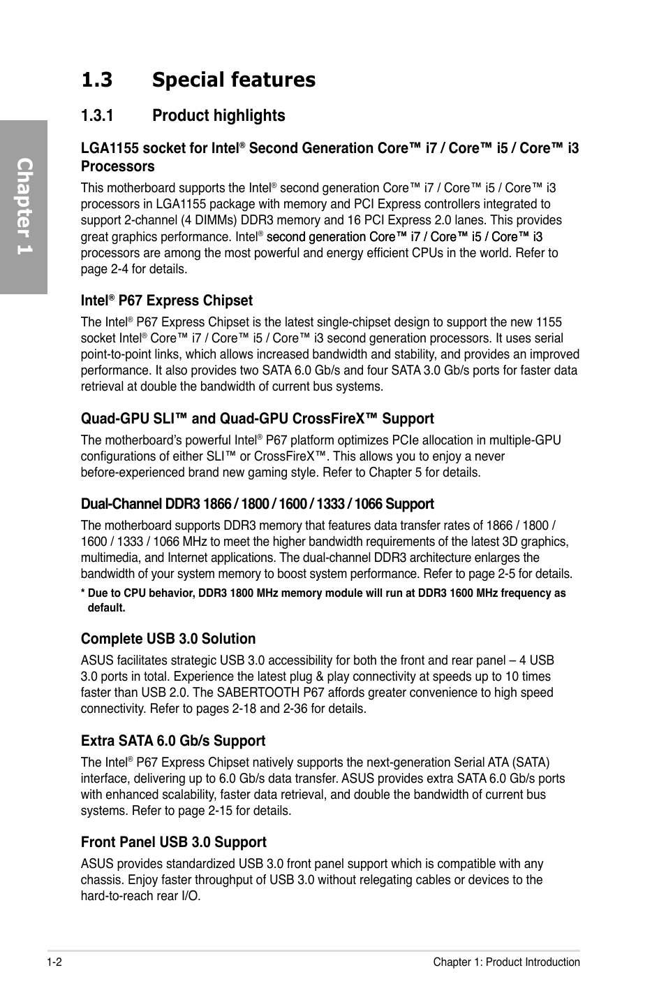 Chapter 1 1.3 special features, 1 product highlights | Asus Sabertooth P67 User Manual | Page 14 / 120