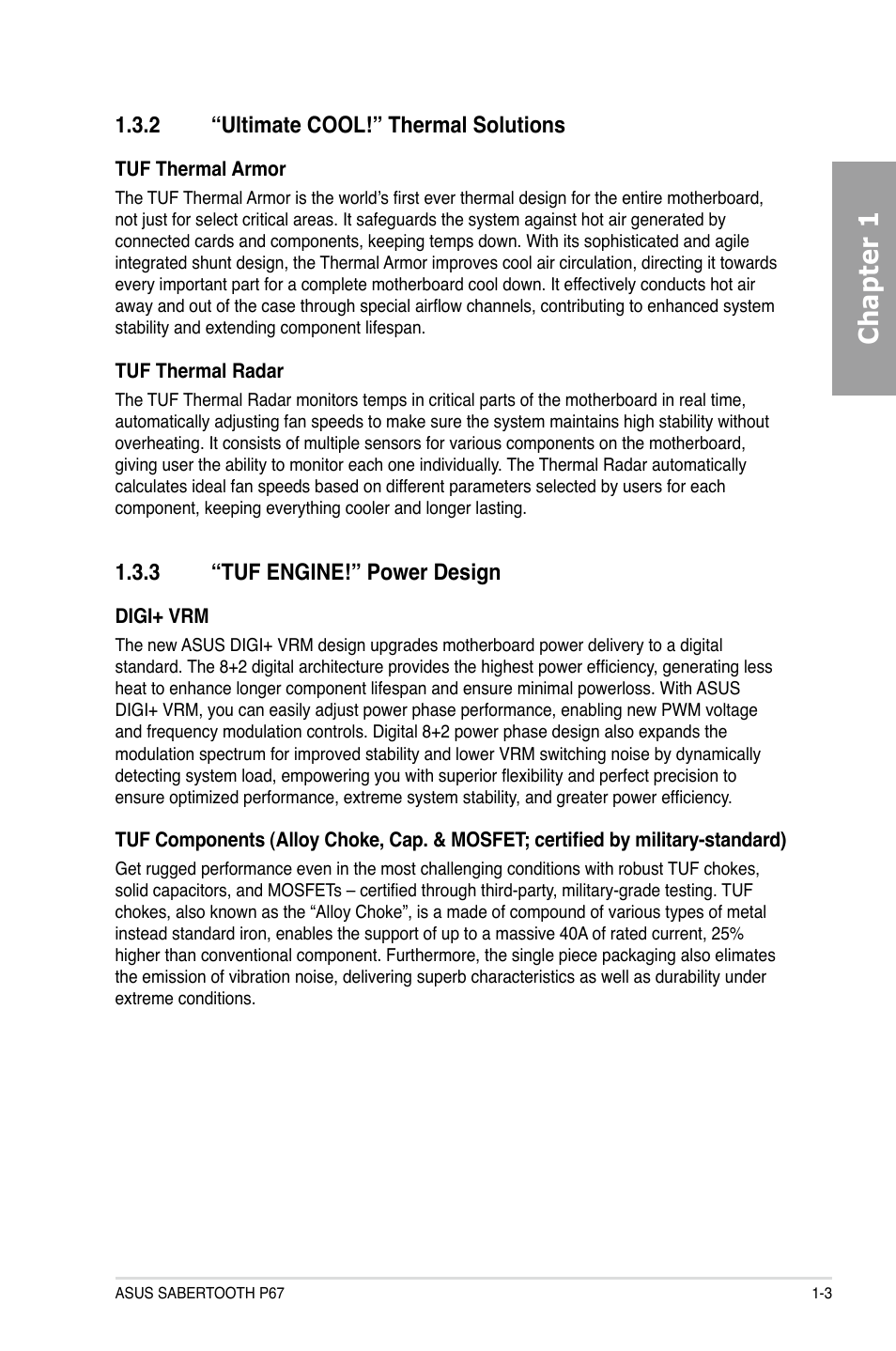 Chapter 1, 2 “ultimate cool!” thermal solutions, 3 “tuf engine!” power design | Asus Sabertooth P67 User Manual | Page 15 / 120