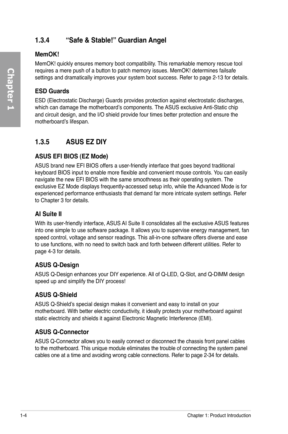 Chapter 1, 4 “safe & stable!” guardian angel, 5 asus ez diy | Asus Sabertooth P67 User Manual | Page 16 / 120