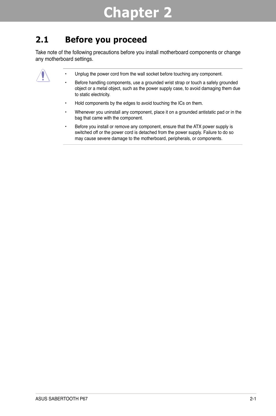 Chapter 2, 1 before you proceed | Asus Sabertooth P67 User Manual | Page 19 / 120