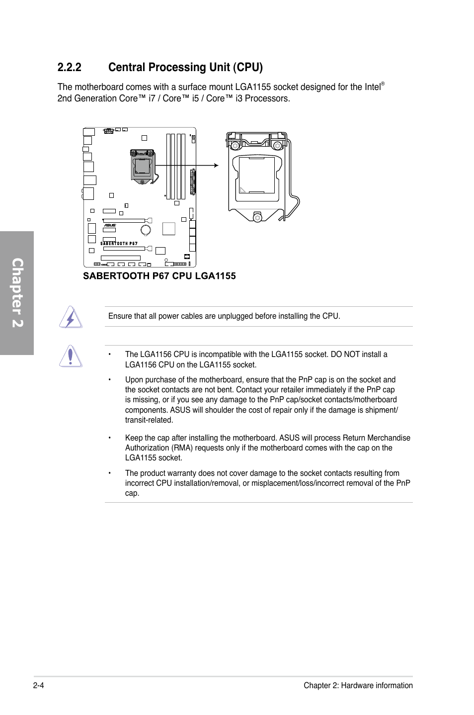 Chapter 2, 2 central processing unit (cpu) | Asus Sabertooth P67 User Manual | Page 22 / 120