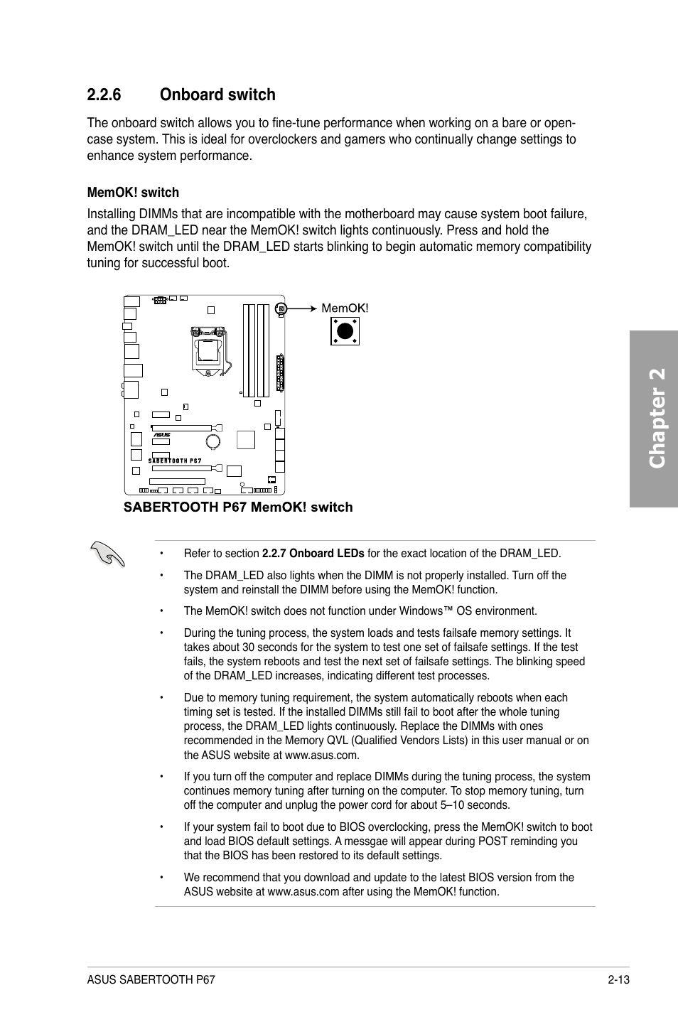 Chapter 2, 6 onboard switch | Asus Sabertooth P67 User Manual | Page 31 / 120