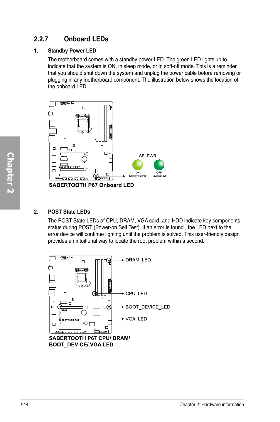 Chapter 2, 7 onboard leds | Asus Sabertooth P67 User Manual | Page 32 / 120