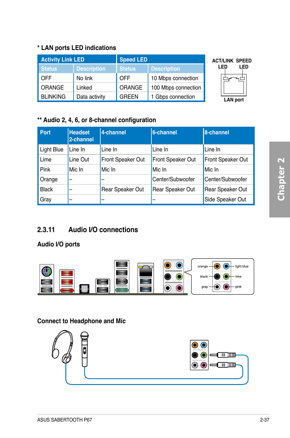 Chapter 2, 11 audio i/o connections | Asus Sabertooth P67 User Manual | Page 55 / 120