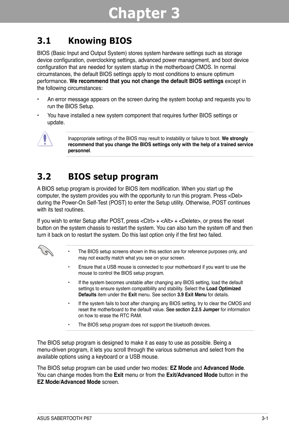 Chapter 3, Chapter 3 3.1 knowing bios, 2 bios setup program | Asus Sabertooth P67 User Manual | Page 59 / 120