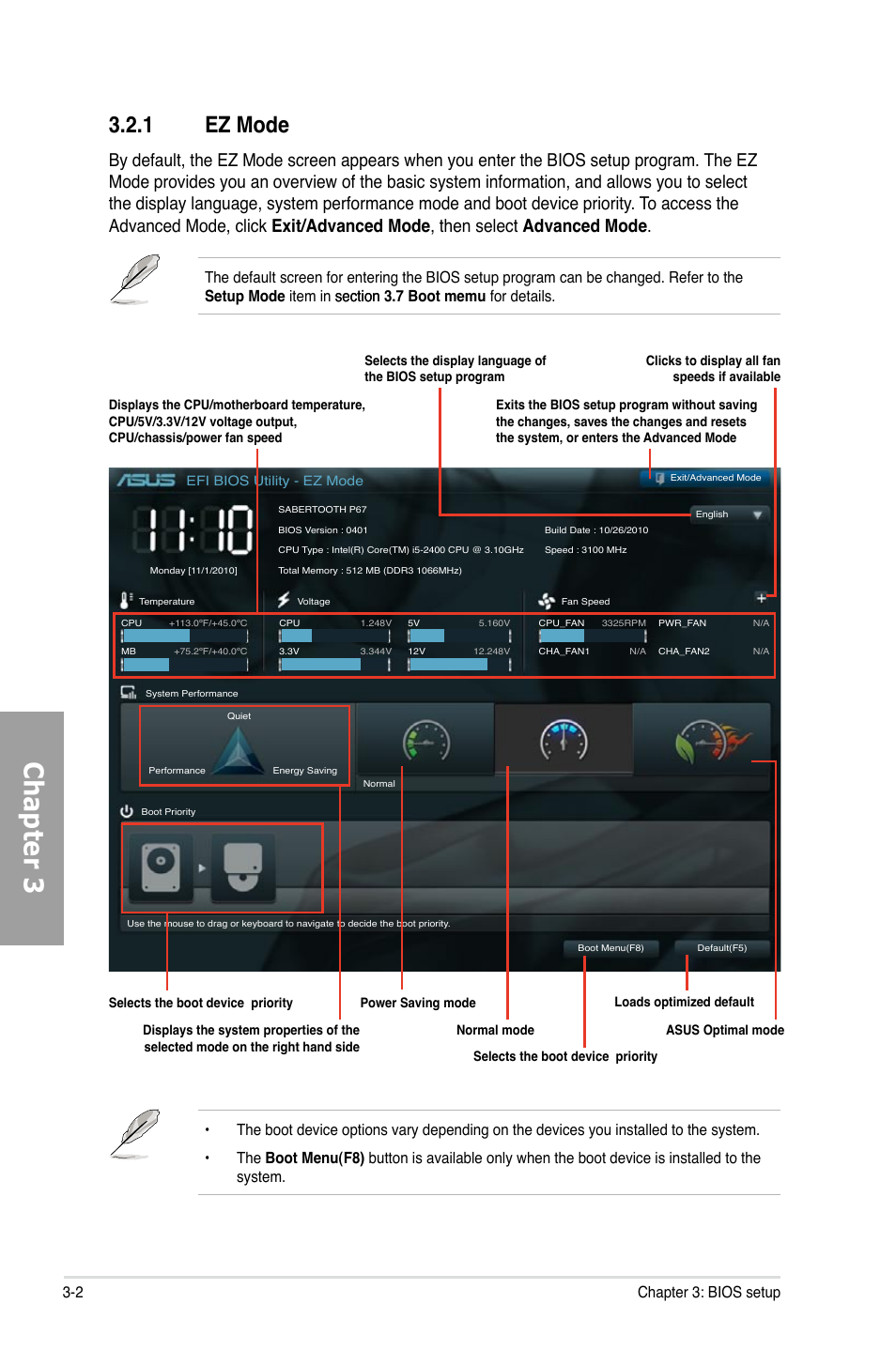 Chapter 3, 1 ez mode, 2 chapter 3: bios setup | Asus Sabertooth P67 User Manual | Page 60 / 120