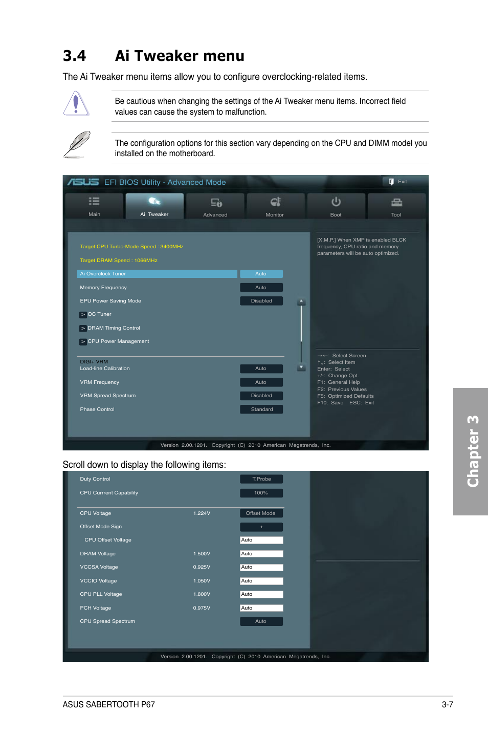 Chapter 3 3.4 ai tweaker menu, Scroll down to display the following items, Asus sabertooth p67 3-7 | Efi bios utility - advanced mode | Asus Sabertooth P67 User Manual | Page 65 / 120