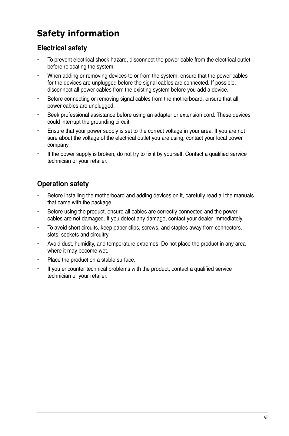 Safety information, Electrical safety, Operation safety | Asus Sabertooth P67 User Manual | Page 7 / 120