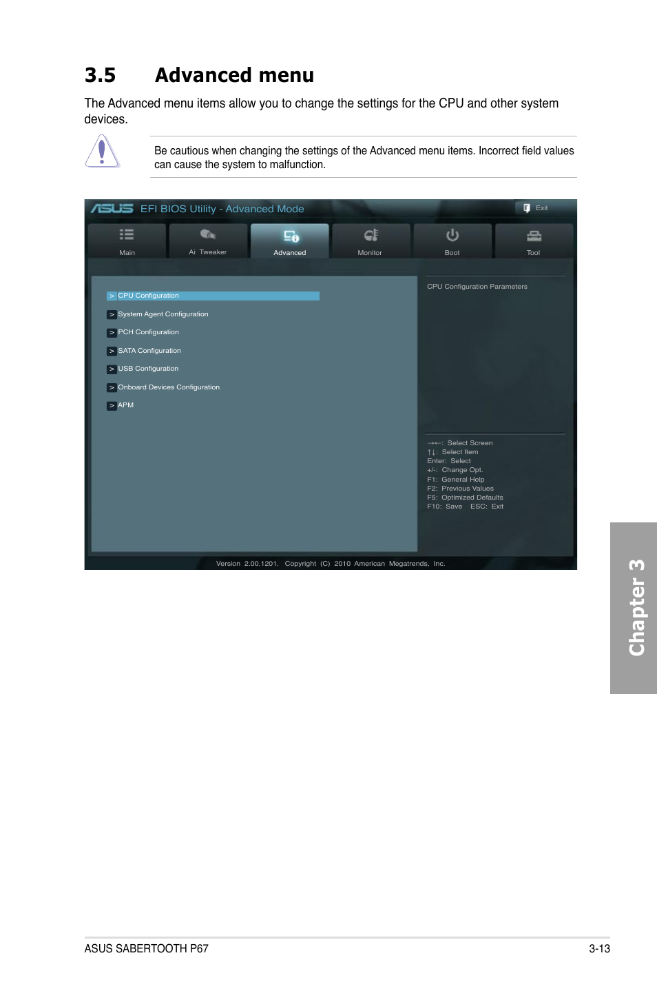 Chapter 3, 5 advanced menu | Asus Sabertooth P67 User Manual | Page 71 / 120