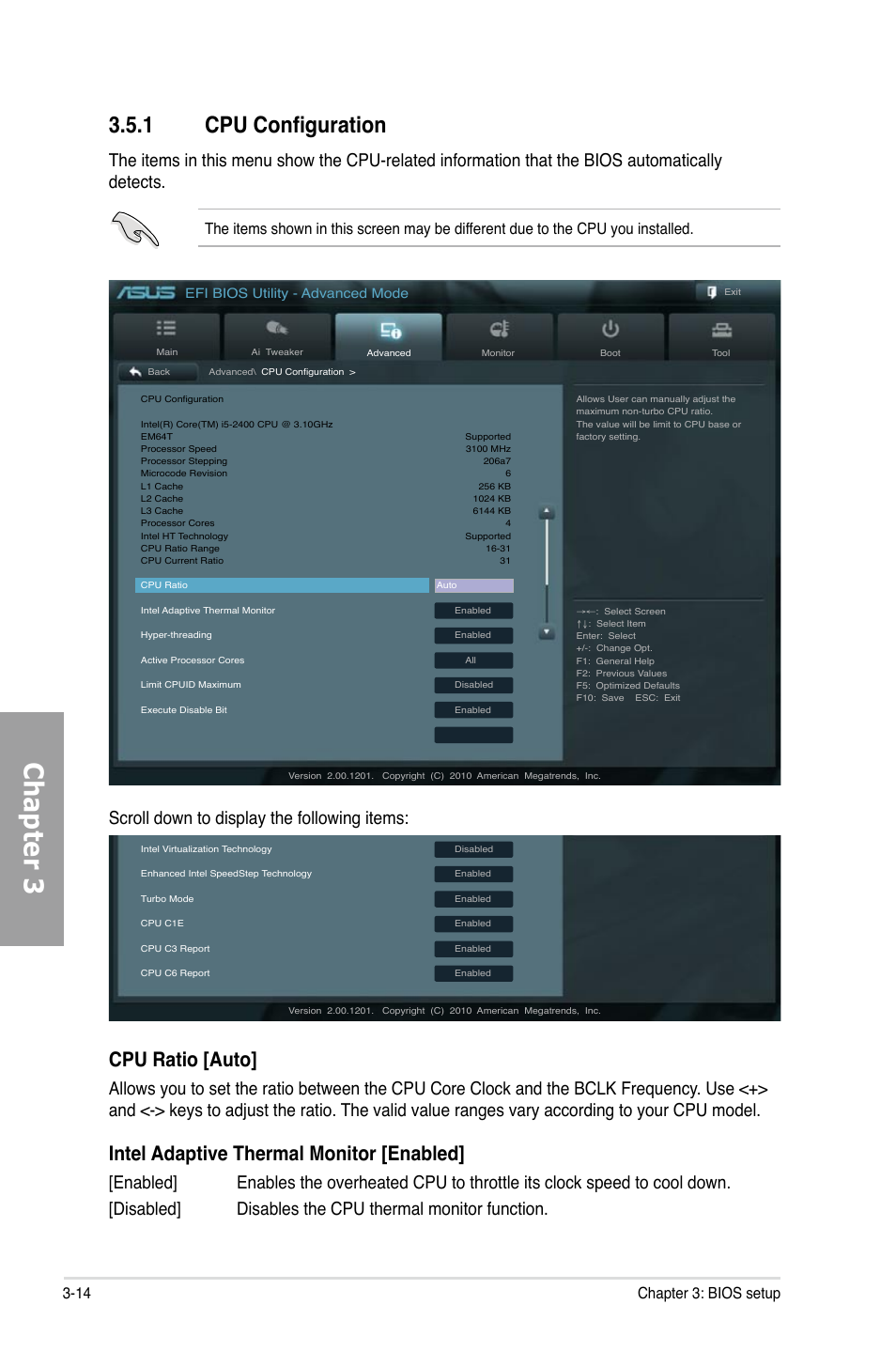 Chapter 3, 1 cpu configuration, Cpu ratio [auto | Intel adaptive thermal monitor [enabled, Scroll down to display the following items, 14 chapter 3: bios setup, Efi bios utility - advanced mode | Asus Sabertooth P67 User Manual | Page 72 / 120