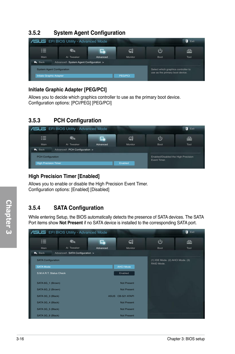 Chapter 3, 2 system agent configuration, 3 pch configuration | 4 sata configuration, Initiate graphic adapter [peg/pci, High precision timer [enabled, 16 chapter 3: bios setup | Asus Sabertooth P67 User Manual | Page 74 / 120