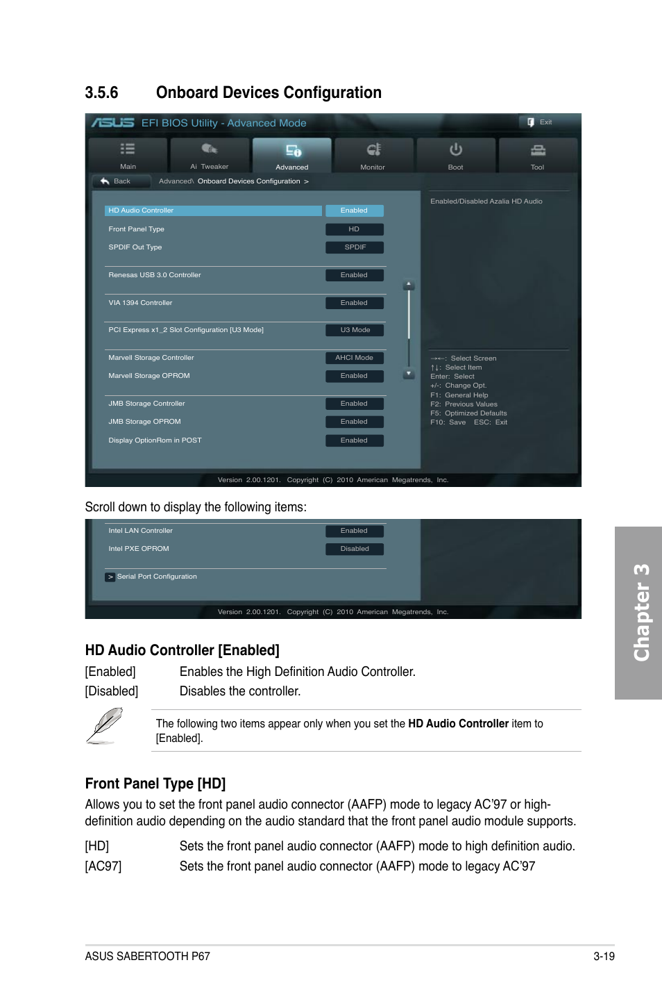 Chapter 3, 6 onboard devices configuration, Hd audio controller [enabled | Front panel type [hd, Scroll down to display the following items | Asus Sabertooth P67 User Manual | Page 77 / 120