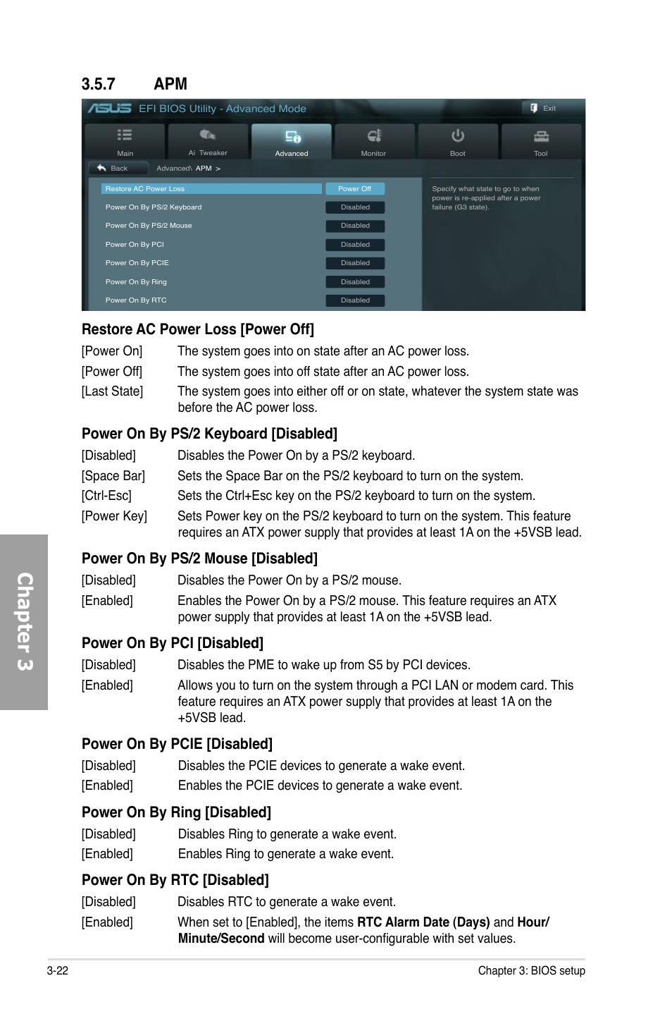 Chapter 3, 7 apm, Restore ac power loss [power off | Power on by ps/2 keyboard [disabled, Power on by ps/2 mouse [disabled, Power on by pci [disabled, Power on by pcie [disabled, Power on by ring [disabled, Power on by rtc [disabled | Asus Sabertooth P67 User Manual | Page 80 / 120