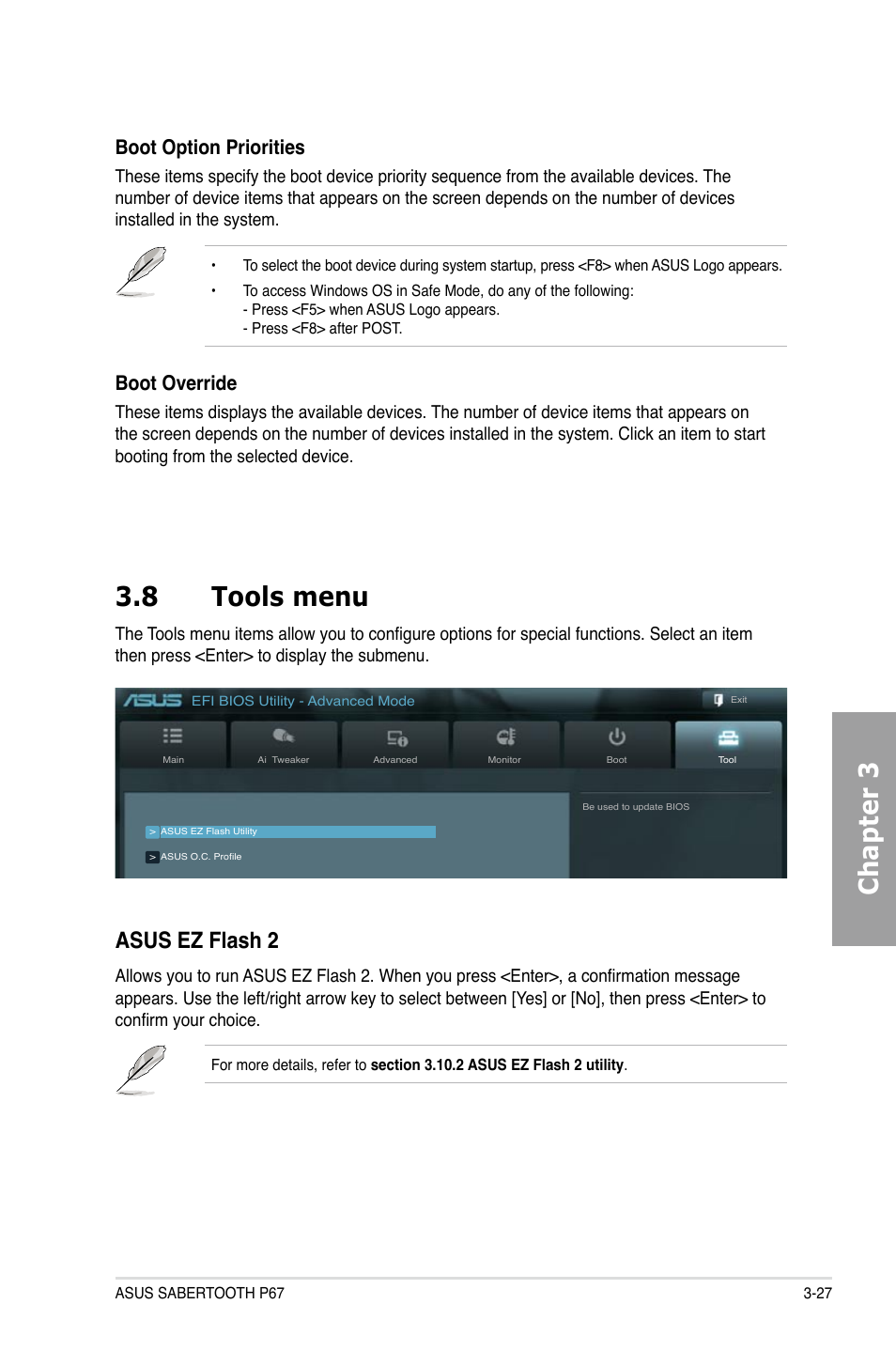 Chapter 3 3.8 tools menu, Asus ez flash 2, Boot option priorities | Boot override | Asus Sabertooth P67 User Manual | Page 85 / 120