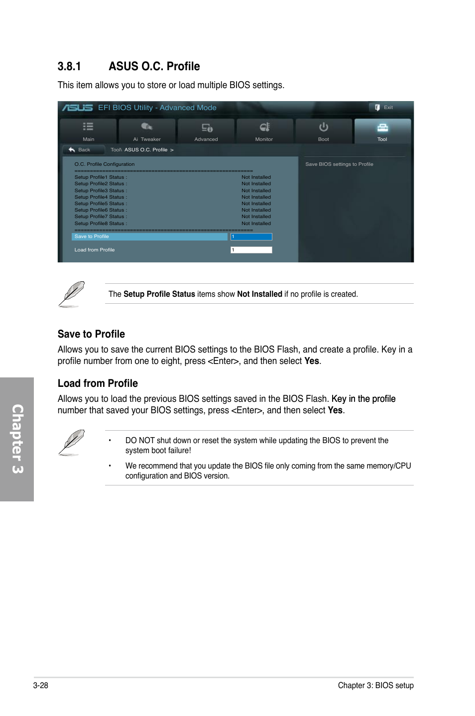 Chapter 3, 1 asus o.c. profile, Save to profile | Load from profile, 28 chapter 3: bios setup | Asus Sabertooth P67 User Manual | Page 86 / 120