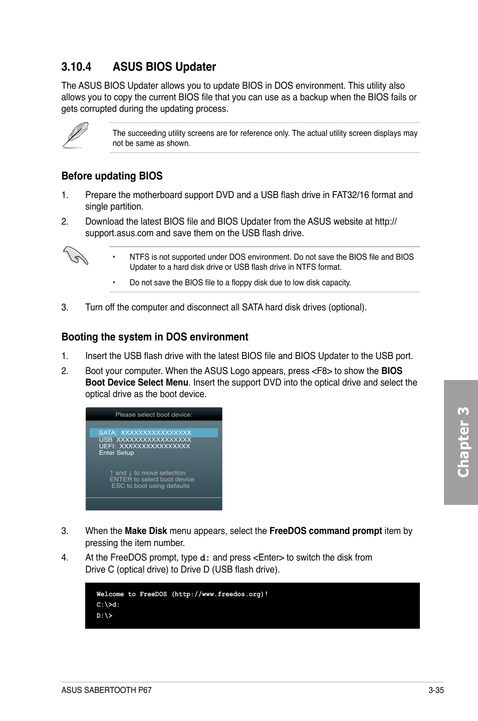 Chapter 3, 4 asus bios updater, Booting the system in dos environment | Before updating bios | Asus Sabertooth P67 User Manual | Page 93 / 120