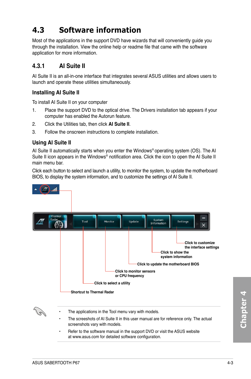Chapter 4 4.3 software information, 1 ai suite ii | Asus Sabertooth P67 User Manual | Page 99 / 120