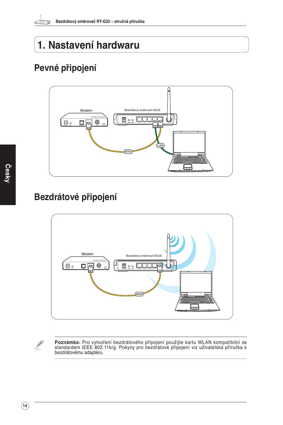 Nastavení hardwaru, Pevné připojení bezdrátové připojení | Asus RT-G32 User Manual | Page 15 / 73