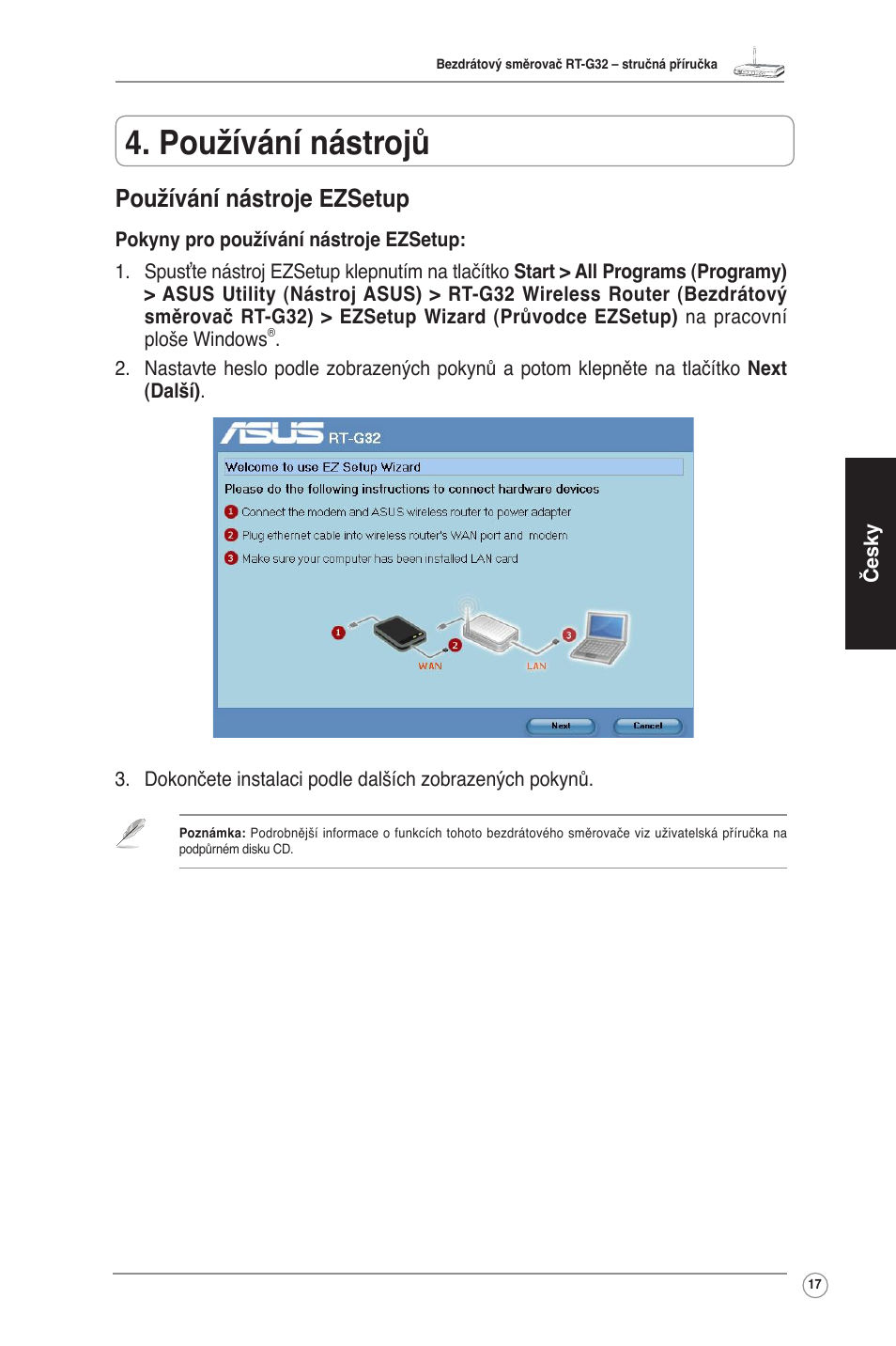 Používání nástrojů, Používání nástroje ezsetup | Asus RT-G32 User Manual | Page 18 / 73