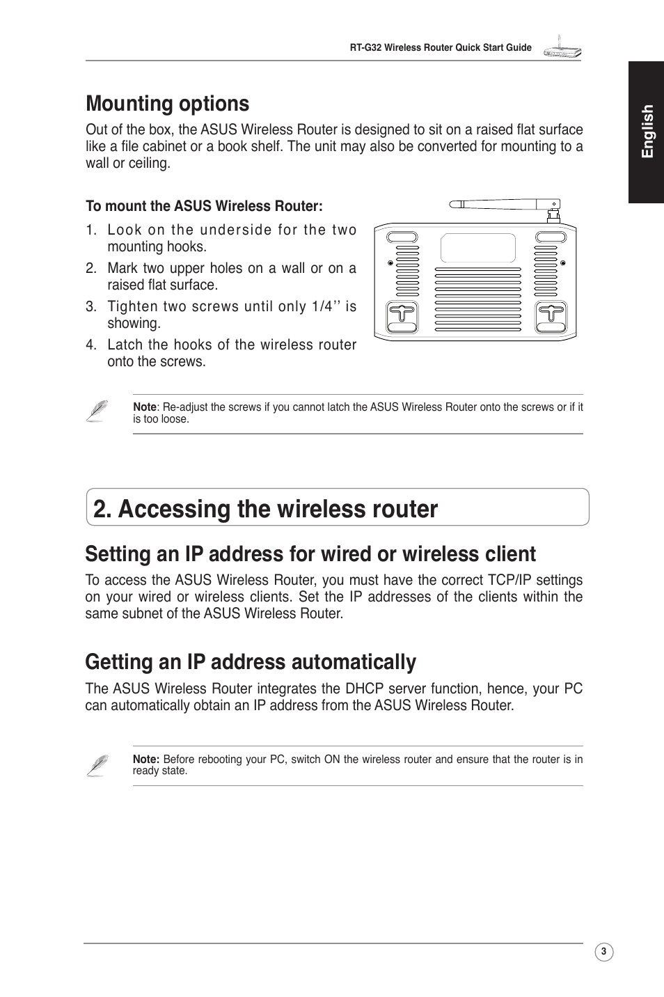 Accessing the wireless router, Setting an ip address for wired or wireless client, Getting an ip address automatically | Mounting options | Asus RT-G32 User Manual | Page 4 / 73