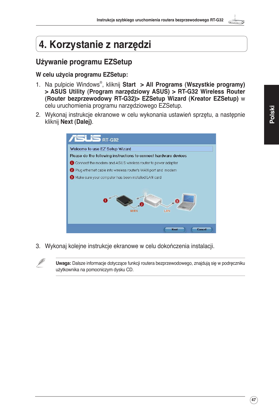 Korzystanie z narzędzi, Używanie programu ezsetup | Asus RT-G32 User Manual | Page 48 / 73