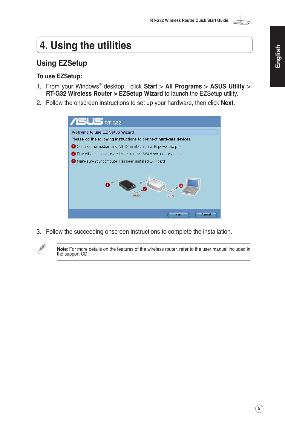 Using the utilities, Using ezsetup | Asus RT-G32 User Manual | Page 6 / 73