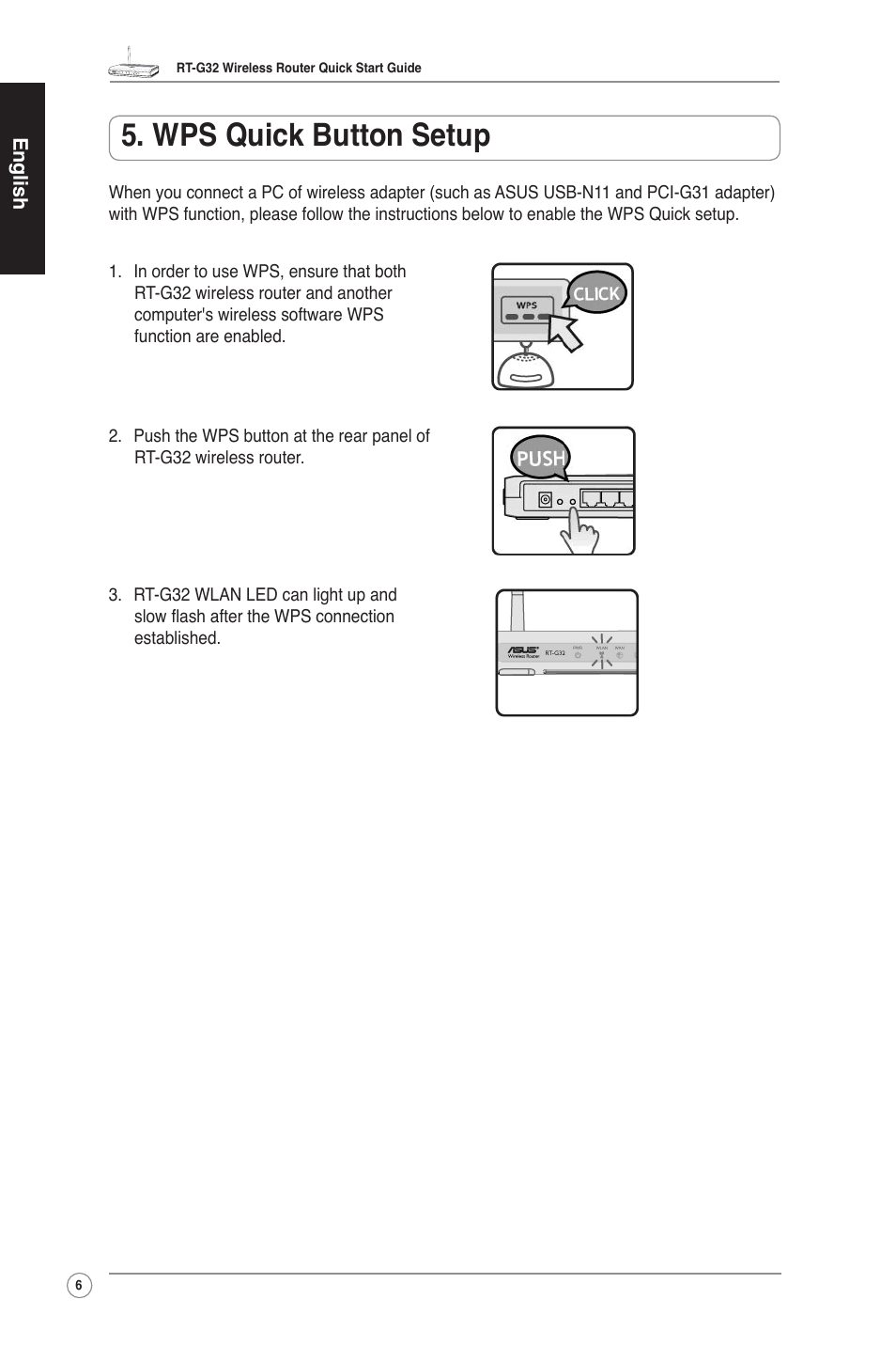 Wps quick button setup | Asus RT-G32 User Manual | Page 7 / 73