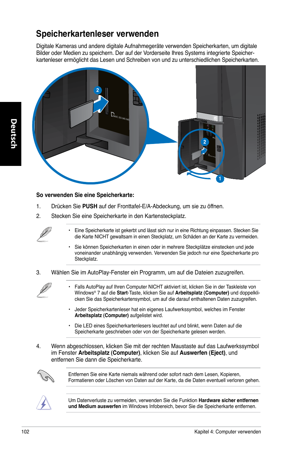 Speicherkartenleser verwenden, Speicherkartenleser.verwenden, Deutsch d eutsch d eutsch d eutsch | Asus CP6230 User Manual | Page 104 / 466