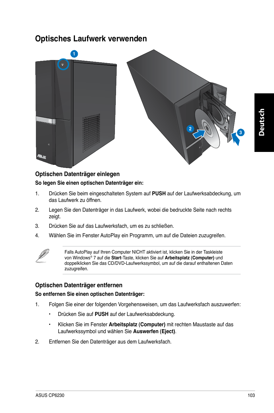 Optisches laufwerk verwenden, Optisches.laufwerk.verwenden, Deutsch d eutsch | Asus CP6230 User Manual | Page 105 / 466