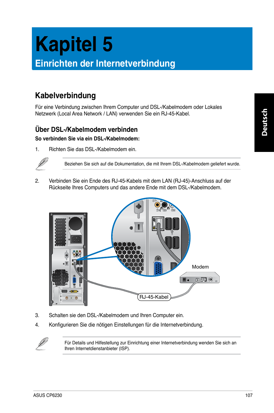 Kapitel 5, Einrichten der internetverbindung, Kabelverbindung | Kapitel.5, Einrichten.der.internetverbindung | Asus CP6230 User Manual | Page 109 / 466