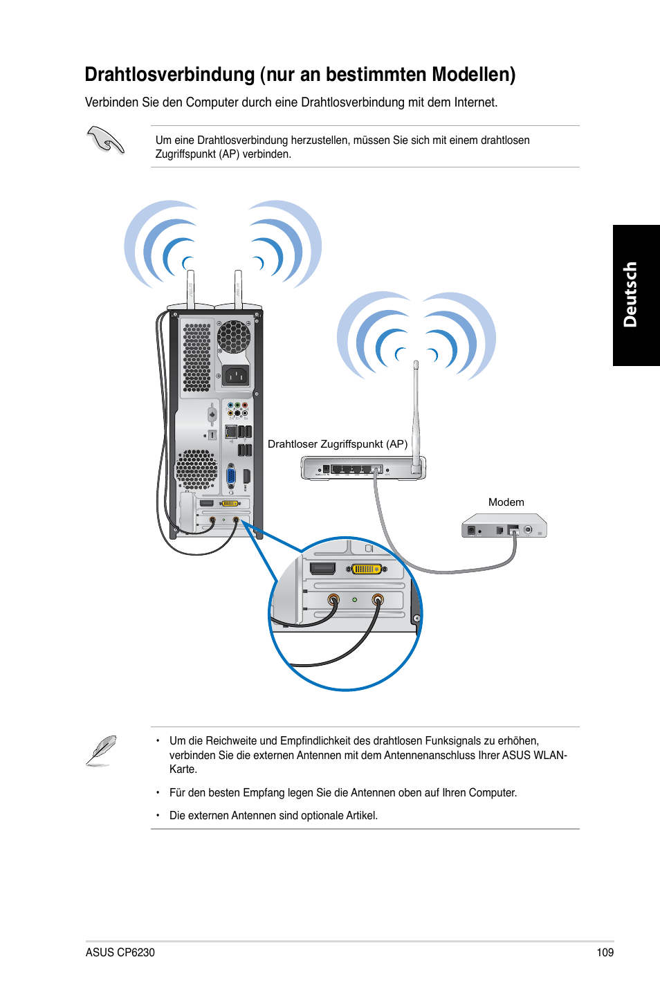 Drahtlosverbindung (nur an bestimmten modellen), Drahtlosverbindung.�nur.an.bestimmten.modellen, Deutsch d eutsch | Asus CP6230 User Manual | Page 111 / 466