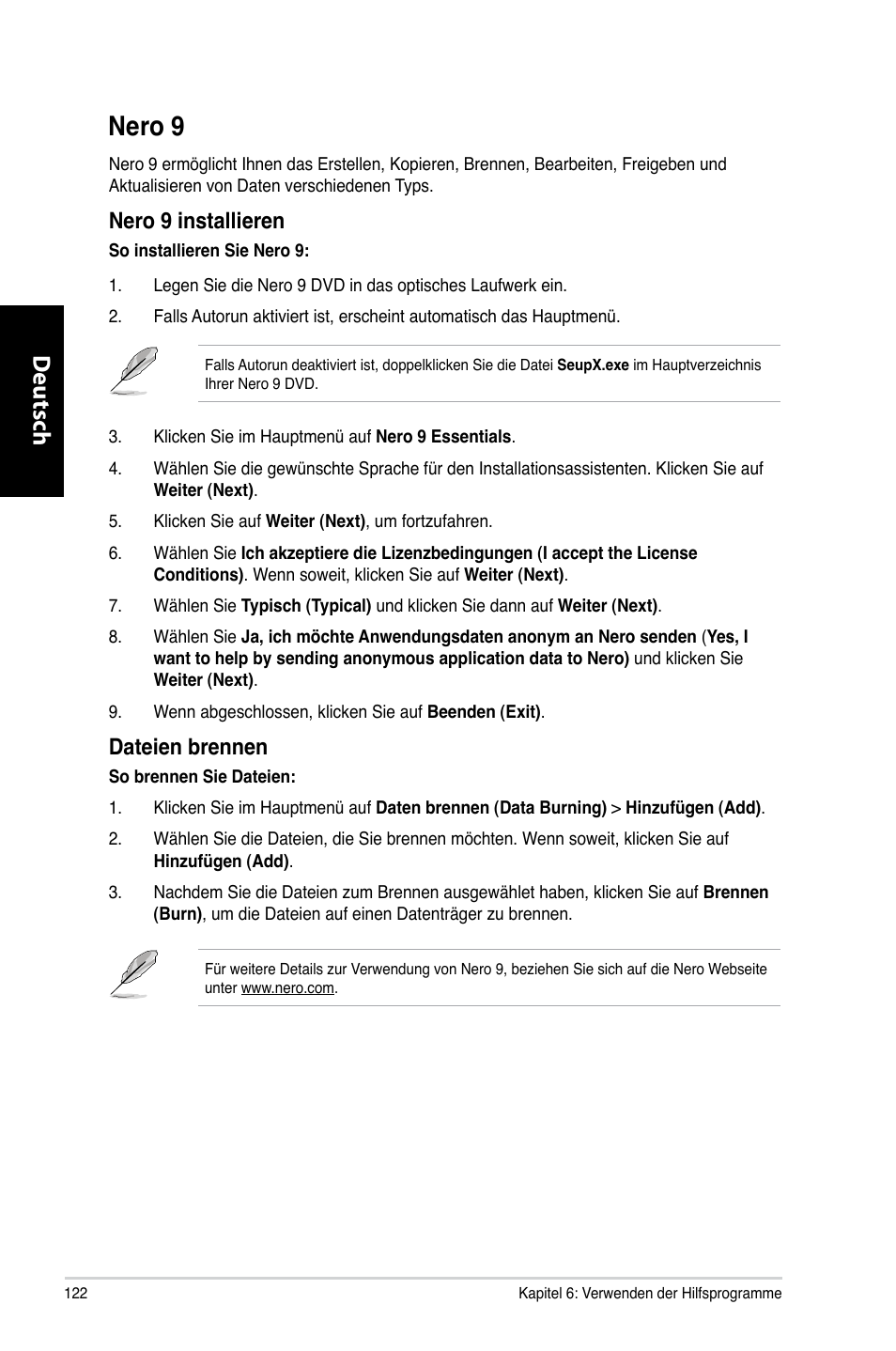 Nero 9, Nero.9, Deutsch d eutsch d eutsch d eutsch | Nero.9.installieren, Dateien.brennen | Asus CP6230 User Manual | Page 124 / 466