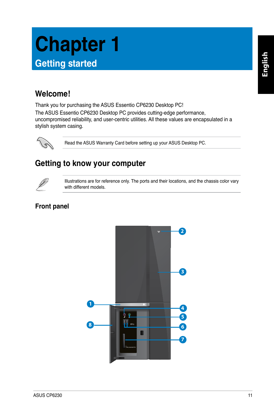 Chapter 1: getting started, Welcome, Getting to know your computer | Getting.started, Welcome! getting to know your computer, Chapter.1 | Asus CP6230 User Manual | Page 13 / 466