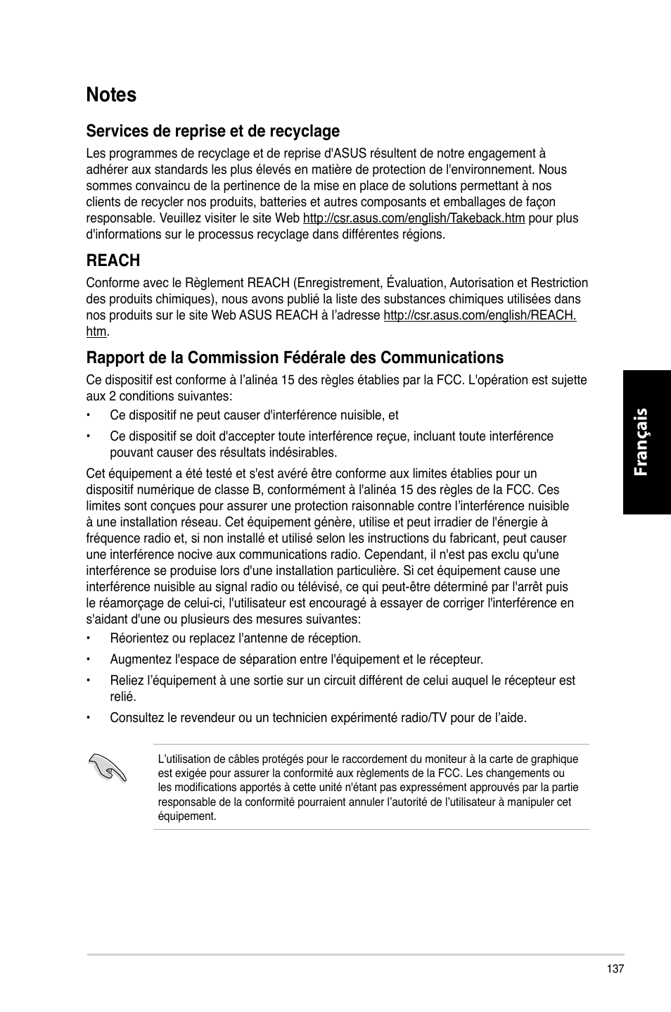 Notes, Fr ançais fr ançais fr ançais fr ançais, Services.de.reprise.et.de.recyclage | Reach | Asus CP6230 User Manual | Page 139 / 466