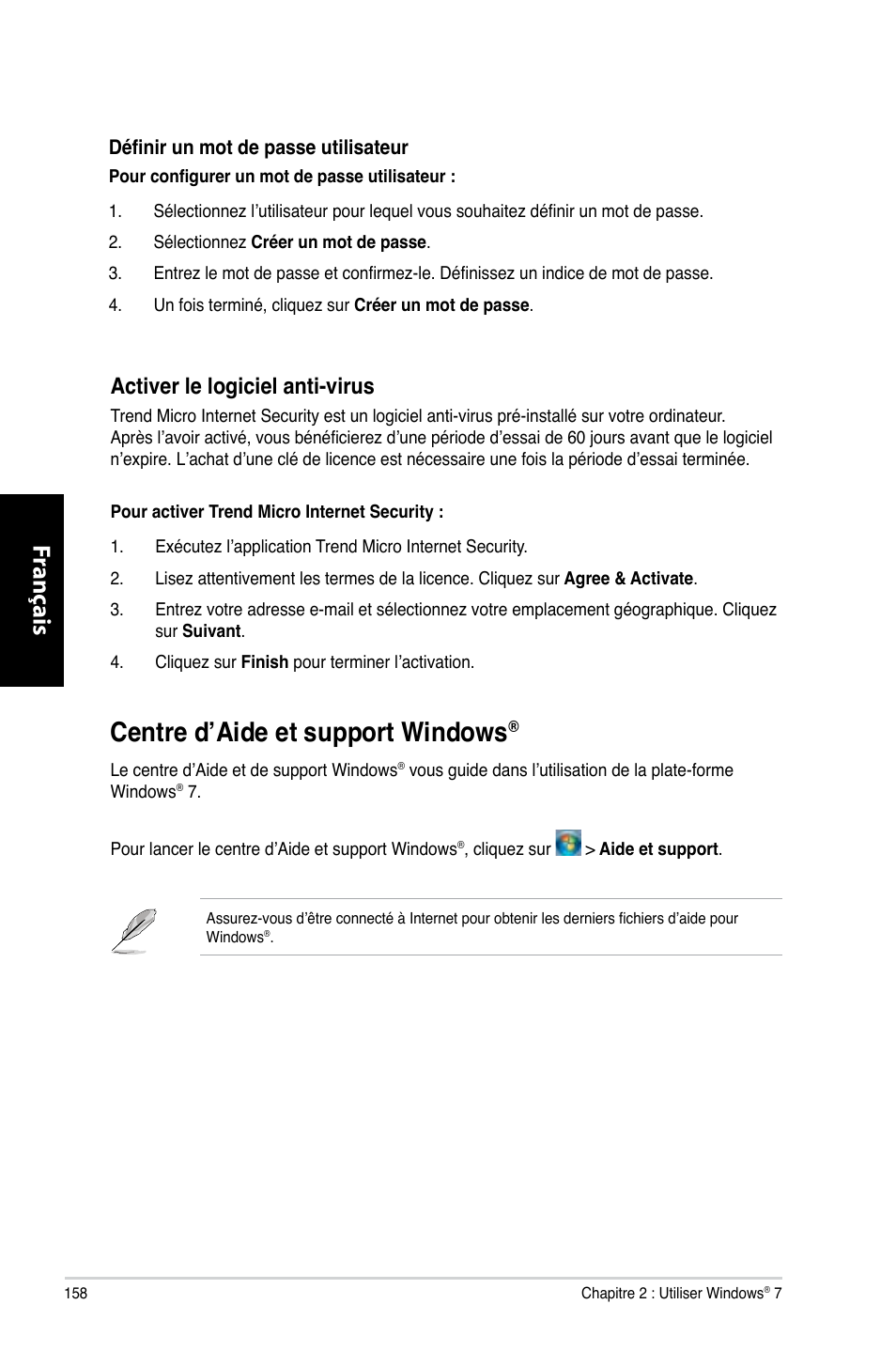 Centre d’aide et support windows, Centre.d’aide.et.support.windows, Fr ançais fr ançais | Activer.le.logiciel.anti-virus | Asus CP6230 User Manual | Page 160 / 466