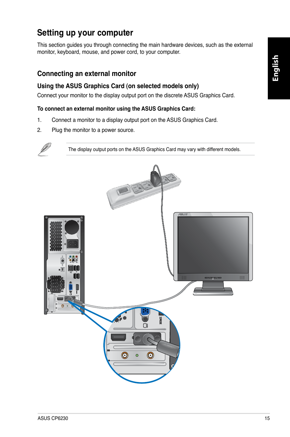 Setting up your computer, English, Connecting.an.external.monitor | Asus CP6230 User Manual | Page 17 / 466