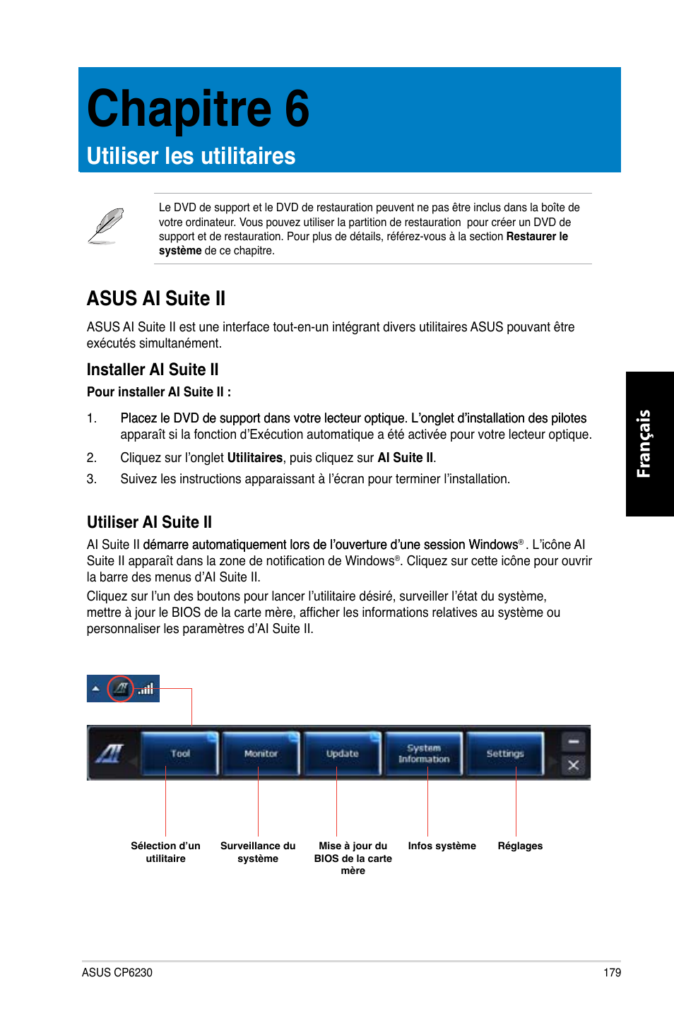 Chapitre 6, Utiliser les utilitaires, Asus ai suite ii | Chapitre.6, Utiliser.les.utilitaires, Asus.ai.suite.ii, Fr ançais fr ançais, Installer.ai.suite.ii, Utiliser.ai.suite.ii | Asus CP6230 User Manual | Page 181 / 466