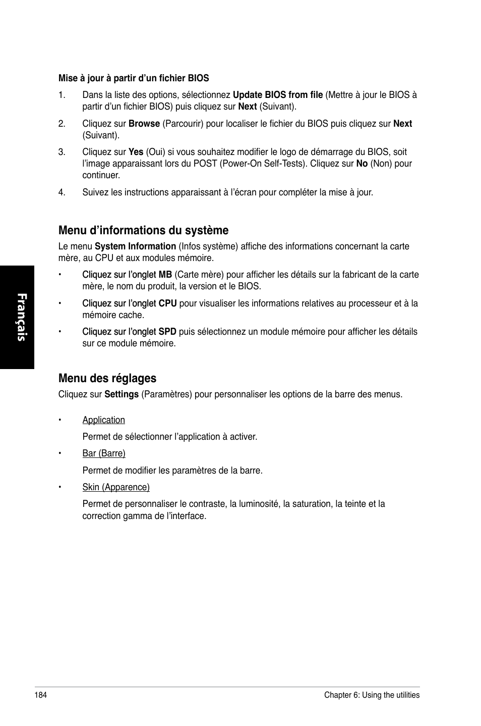 Fr ançais fr ançais fr ançais fr ançais, Menu.des.réglages, Menu.d’informations.du.système | Asus CP6230 User Manual | Page 186 / 466