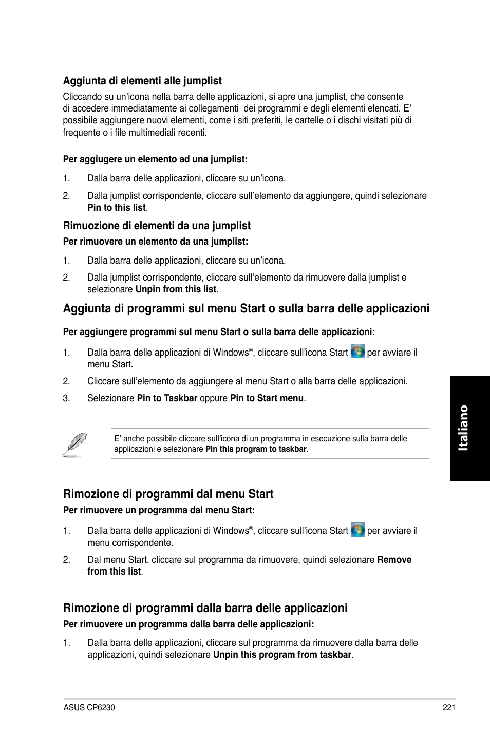 Italiano, Rimozione.di.programmi.dal.menu.start | Asus CP6230 User Manual | Page 223 / 466