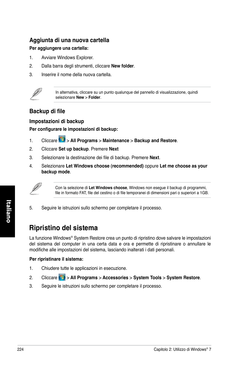 Ripristino del sistema, Ripristino.del.sistema, Italiano | Aggiunta.di.una.nuova.cartella, Backup di file | Asus CP6230 User Manual | Page 226 / 466