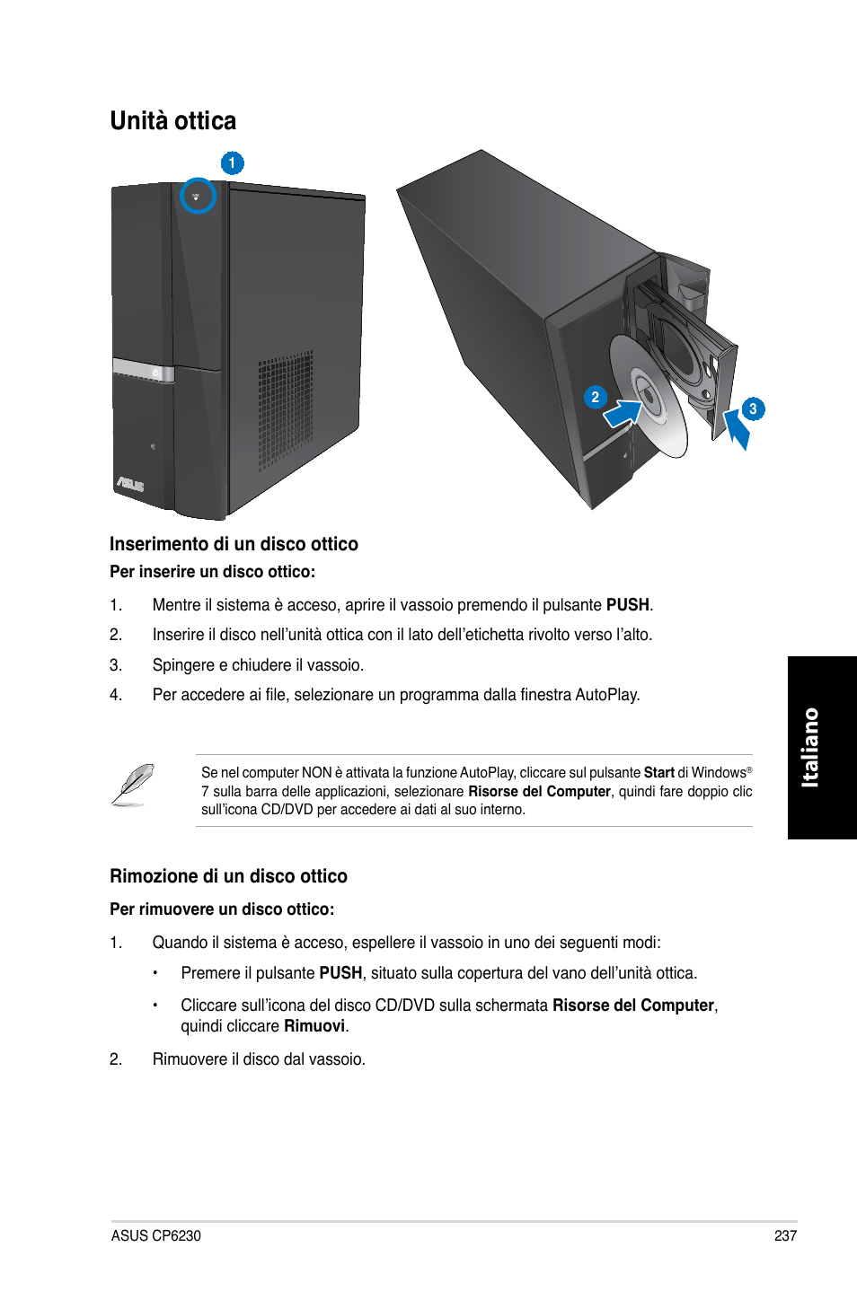 Unità ottica, Unità.ottica, Italiano | Asus CP6230 User Manual | Page 239 / 466