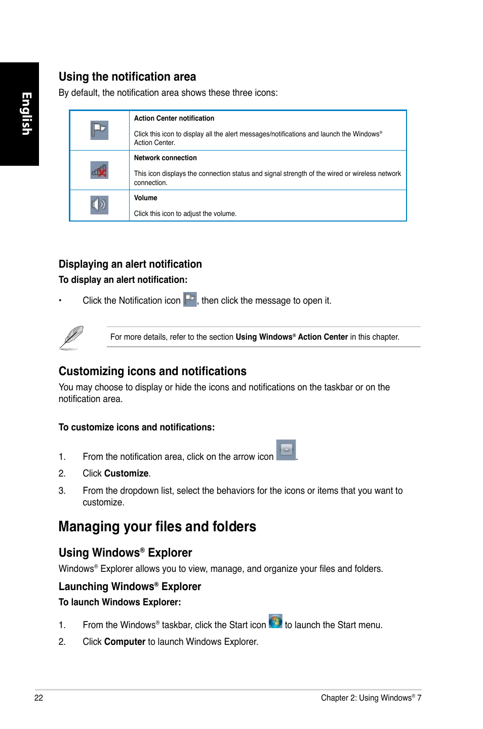 Managing your files and folders, English, Using the notification area | Customizing icons and notifications, Using.windows, Explorer | Asus CP6230 User Manual | Page 24 / 466