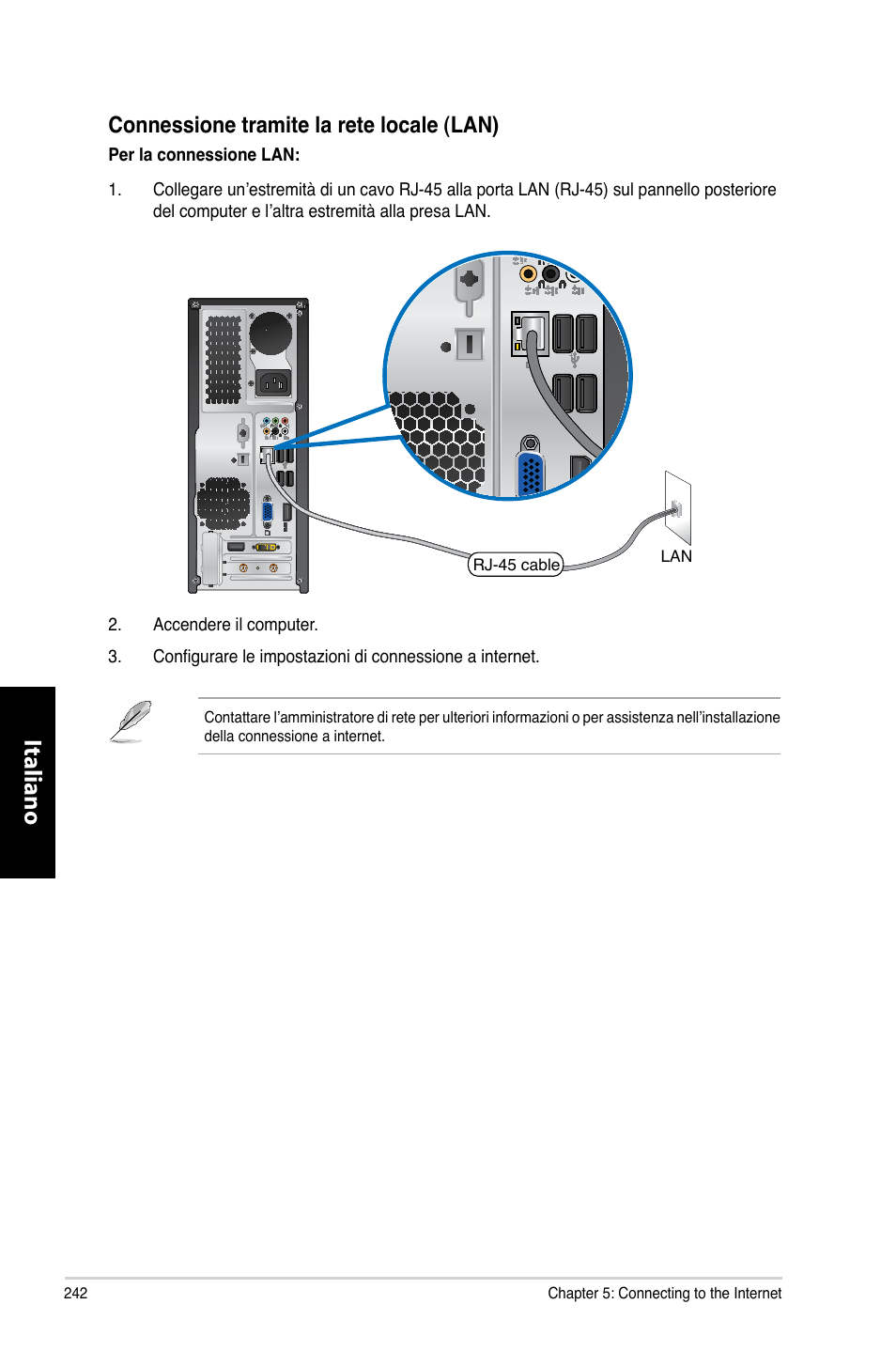 Italiano, Connessione.tramite.la.rete.locale.�lan | Asus CP6230 User Manual | Page 244 / 466