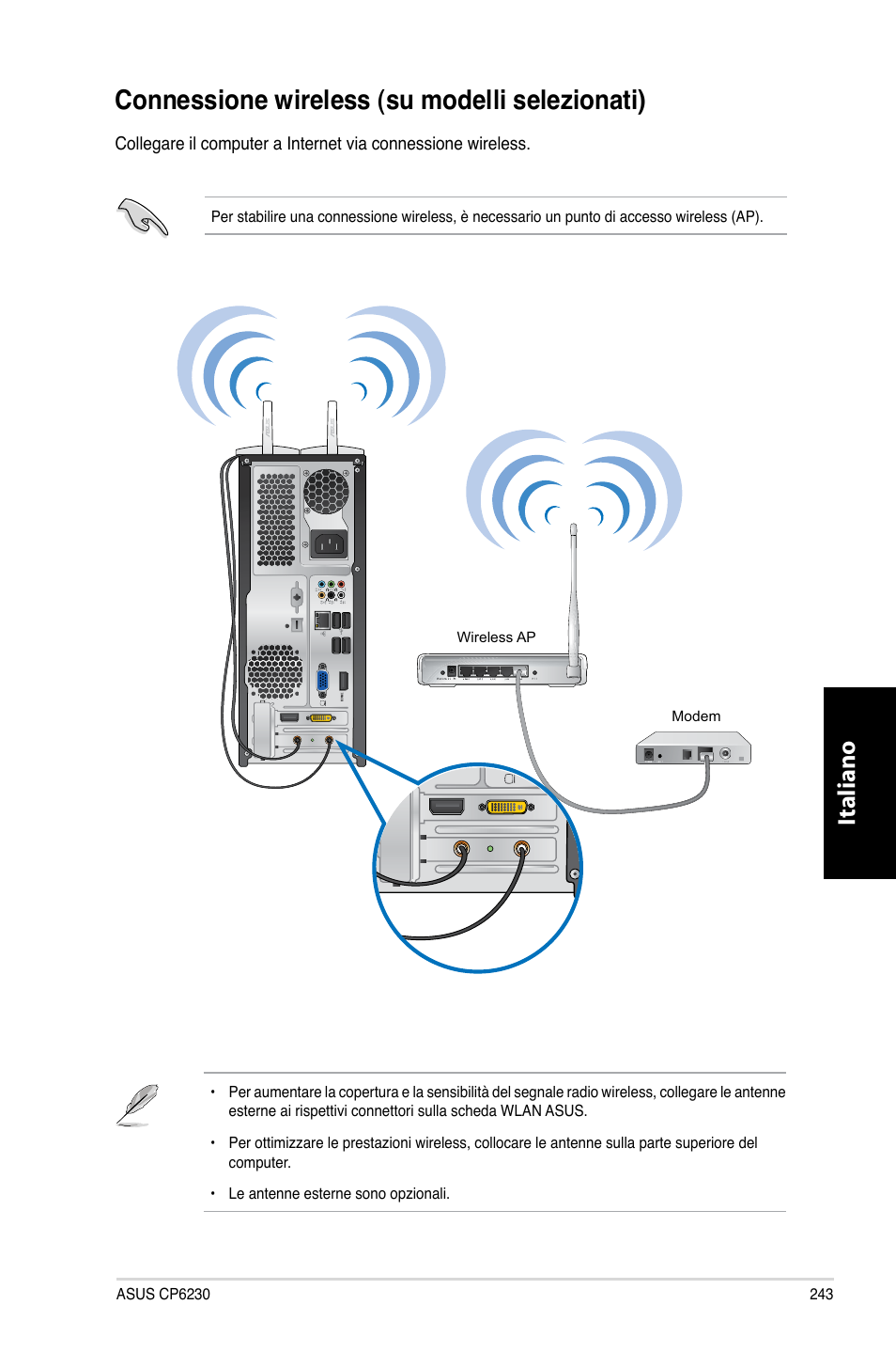 Connessione wireless (su modelli selezionati), Connessione.wireless.�su.modelli.selezionati, Italiano | Asus CP6230 User Manual | Page 245 / 466