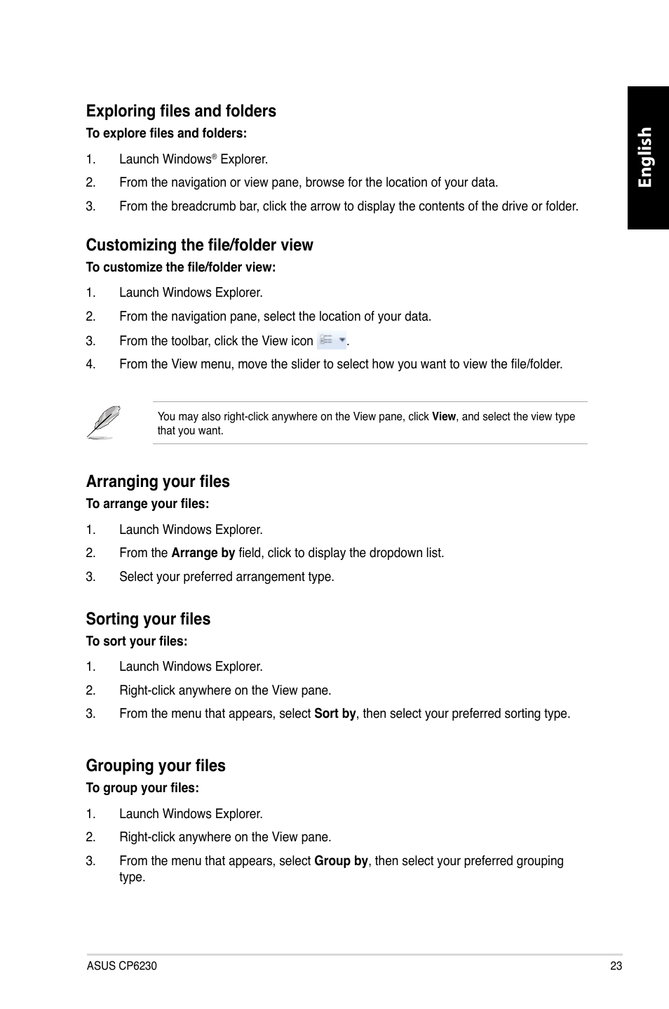 English, Exploring files and folders, Customizing the file/folder view | Arranging your files, Sorting your files, Grouping your files | Asus CP6230 User Manual | Page 25 / 466