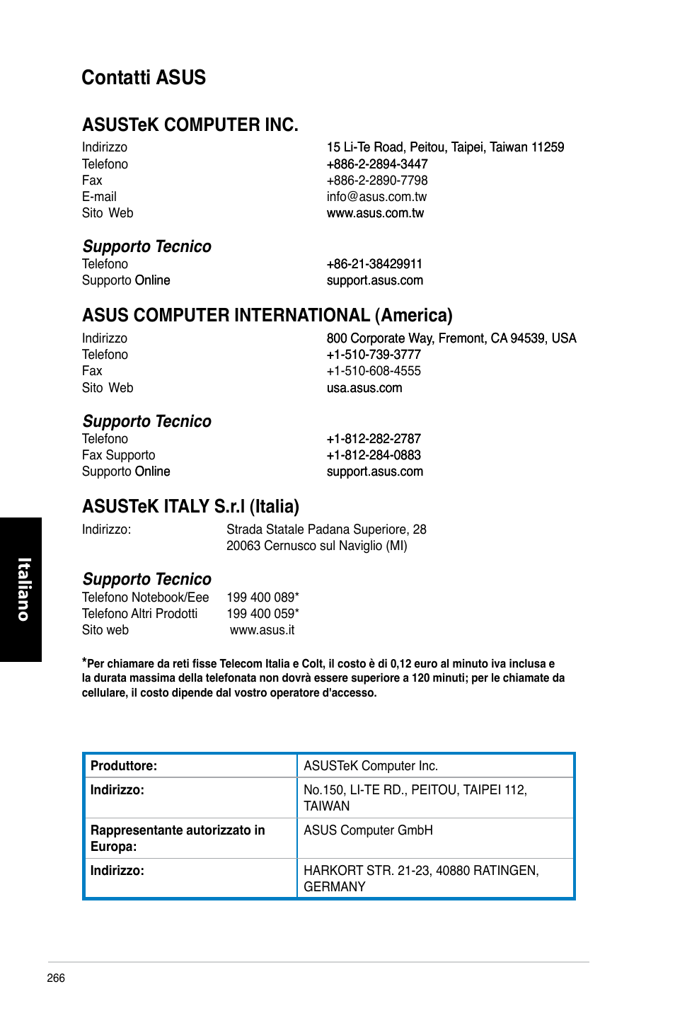 Contatti asus, Contatti.asus, Italiano | Asustek.italy.s.r.l.�italia, Supporto.tecnico | Asus CP6230 User Manual | Page 268 / 466