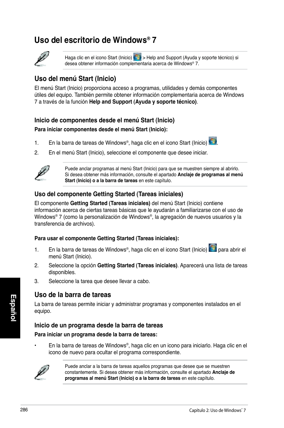 Uso del escritorio de windows® 7, Uso del escritorio de windows, Español | Uso del menú start �inicio, Uso de la barra de tareas | Asus CP6230 User Manual | Page 288 / 466