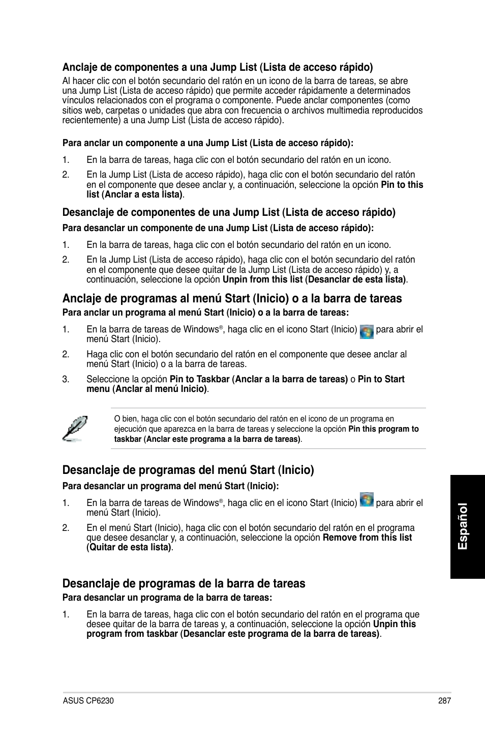 Español, Desanclaje de programas del menú start �inicio, Desanclaje de programas de la barra de tareas | Asus CP6230 User Manual | Page 289 / 466